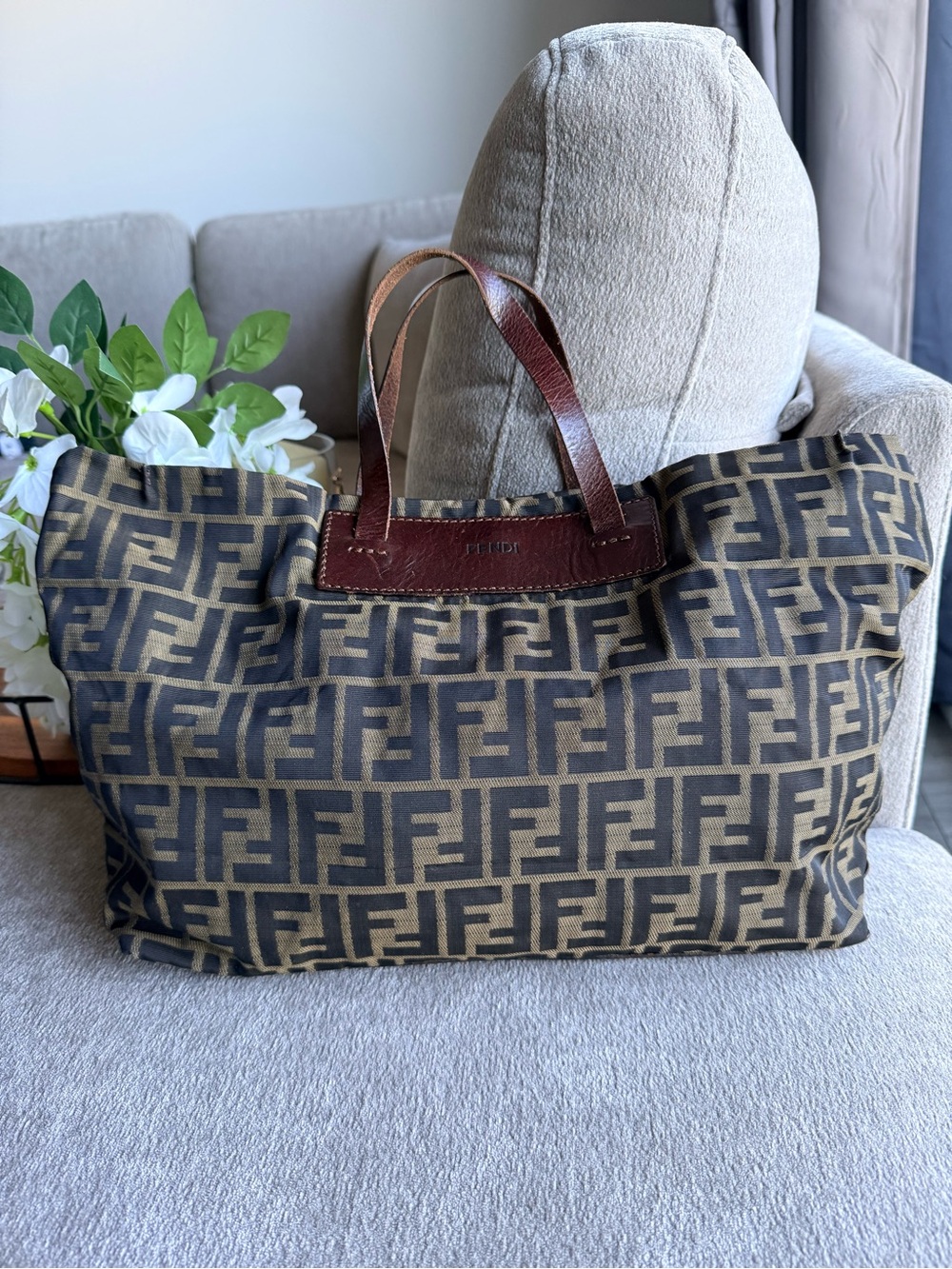 Fendi Zucca Monogram Convertible Canvas Tote in with Leather Handles Authentic